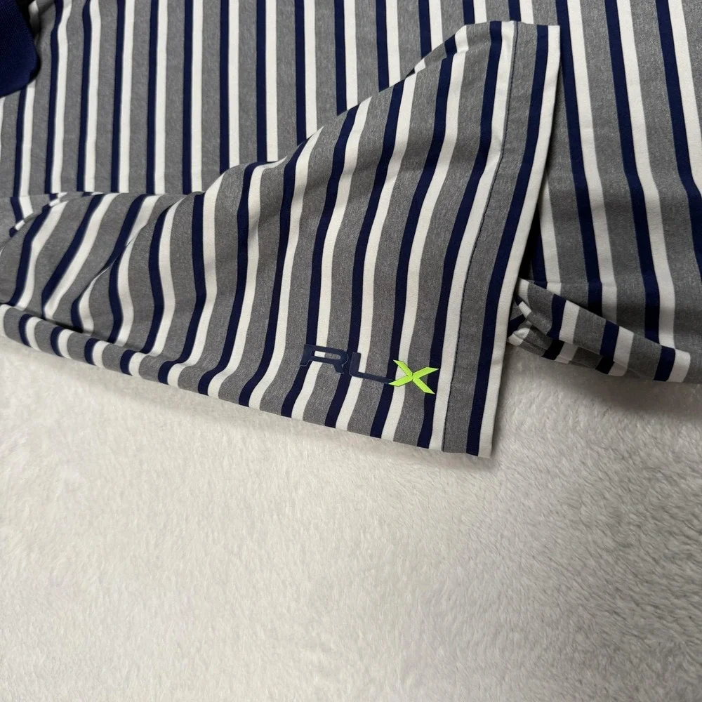 Ralph Lauren RLX Polo Shirt Mens XL Blue Gray White Striped Golf BHCC 1912 Logo‎